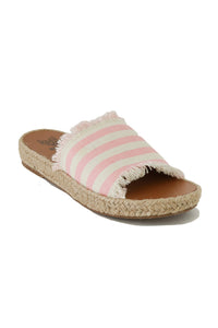 Lovely striped espadrille slides MELANIE-01 by Beast Fashion, showcasing a chic design with frayed edges. Perfect for your summer wardrobe, these versatile espadrille sandals are ideal for lazy vacation days.