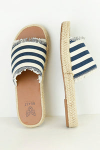 Stylish striped espadrille slides MELANIE-01 by Beast Fashion, featuring a casual striped design, perfect for summer vacation outfits. These espadrille sandals are a must-have in your collection of slide sandals for effortless style.