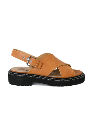 Side view of the MILLIE-06 Chunky Sole Cross-Strap Sandals in camel by Beast Fashion, emphasizing the adjustable buckle and durable chunky sole. A go-to choice for summer adventures, these wrap sandals merge style with comfort, making them perfect for any vacation or casual occasion.