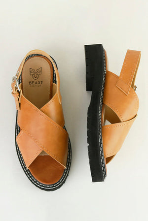 MILLIE-06 Chunky Sole Cross-Strap Sandals by Beast Fashion in camel color, showcasing a stylish and comfortable design with an adjustable slingback. Perfect for SUMMER vacations, these chunky sole sandals feature a trendy wrap style ideal for casual outings. Ideal for platforms and sale shoes.