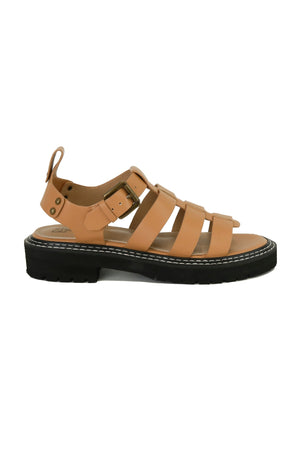 Side view of the MILLIE-10 Gladiator Chunky Sole Sandals by Beast Fashion in camel shade. These chunky sole sandals are designed for comfort and style, featuring wrap styles ideal for summer adventures and vacations. Don't miss out on these stylish platform sandals!