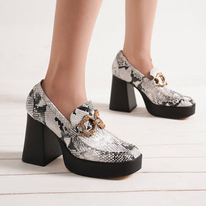 Chic MOANA-01 chunky heel loafers by Beast Fashion in snake print, designed for comfort and style with a bold look. Perfect as platform loafers for trendy occasions. Heels, Platforms, Sale Shoes.