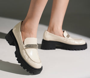 NIKIA-03 Chunky Sole Loafers with Rhinestone Embellishment by Beast Fashion in a chic off-white color, ideal for adding flair to any look. Flats, Loafers, NEW ARRIVAL, New Shoes, Platforms.