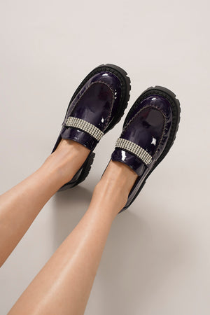 NIKIA-03 Chunky Sole Loafers with Rhinestone Embellishment by Beast Fashion, showcasing a stylish purple design perfect for casual outfits. Flats, Loafers, NEW ARRIVAL, New Shoes, Platforms.