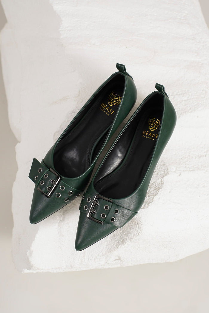 Stylish green SELINA-03 pointed toe flats from Beast Fashion featuring a unique buckle design, perfect for any outfit. Great for daily wear and part of our Sale Shoes collection.