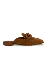 Beast Fashion's SHEENA-08 chain detail loafers in camel. Chic flat mules ideal for summer and vacations, an excellent choice for stylish sale shoes.