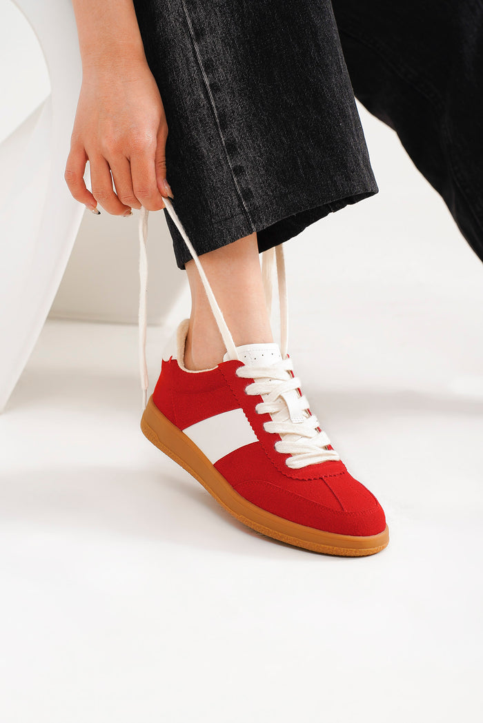 Stylish red and white lace-up sneakers by Beast Fashion, perfect for casual outings. SOUL-01 Lace-Up Sneakers are a new arrival in the collection, suitable for everyday wear. Discover new shoes that combine comfort with style. NEW ARRIVAL, New Shoes, Sneakers.