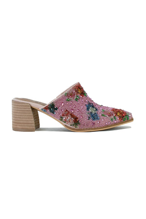 Side view of the STEPHANIE-01-R3 embellished mule heels by Beast Fashion, showcasing intricate rhinestone design and comfortable stacked heel. Great option for trendy footwear lovers. Heeled Mules, Mules, New Shoes, Rhinestone, Rhinestone Detail.