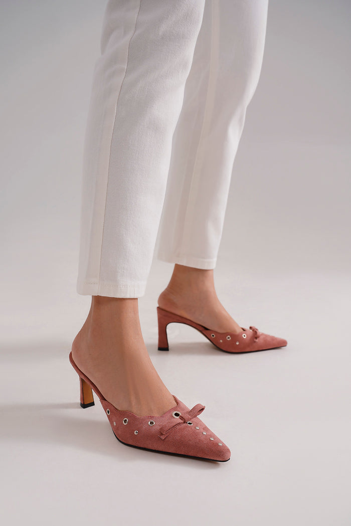 Stylish TRINEE-02 Bow Mule Heels from Beast Fashion featuring a delicate bow detail and pointed toe design, perfect for enhancing any outfit.
