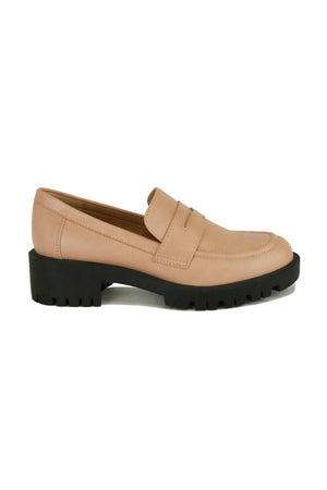 Side view of TWILIGHT-17 Women's Chunky Loafer Shoes by Beast Fashion in a chic nude hue, featuring a durable chunky platform sole. These stylish shoes fall under the category of Flatform Sandals, Flats, Loafers, and Platforms, perfect for shoppers seeking Sale Shoes.