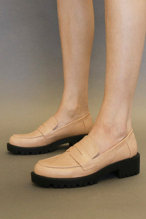 TWILIGHT-17 Women's Chunky Loafer Shoes by Beast Fashion showcasing a sleek nude design with a chunky platform sole, perfect for effortless style. These shoes are ideal Flatform Sandals, Flats, Loafers, and Platforms, making them a great choice among Sale Shoes.