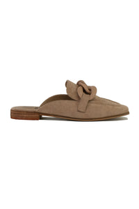 Beast Fashion's SHEENA-08 chain detail loafers in taupe. Sophisticated flat mules suitable for summer outings and vacations. Perfect stylish addition to sale shoes.
